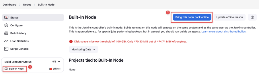 Screenshot illustrating Let’s bring our Jenkins agent node back online after we update the above setting: