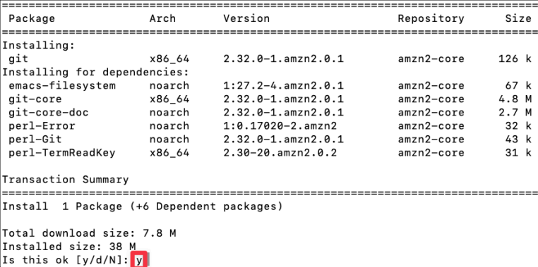 Screenshot illustrating To confirm the installation, you need to type “y” for yes: