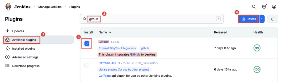 Screenshot illustrating Search “ GitHub " plugins in the available plugins to install and select the first option: