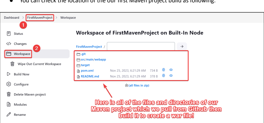 Screenshot illustrating You can check the location of the our first Maven project build as following: