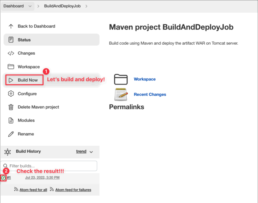 Screenshot illustrating It’s time to build and deploy with our new Jenkins job:
