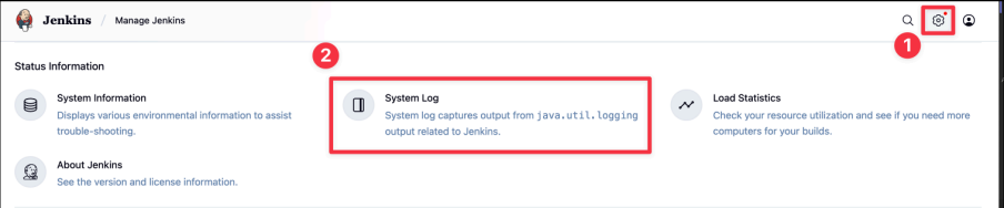 Screenshot illustrating Go to Jenkins Dashboard > Manage Jenkins > System Log.