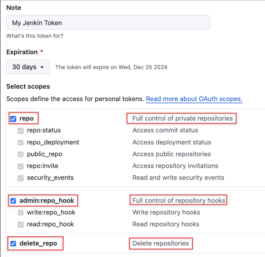 Screenshot illustrating delete_repo (delete repositories; do not select this scope unless the exercise explicitly requires repository deletion)