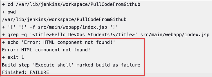 Screenshot illustrating Fail build log screenshot: