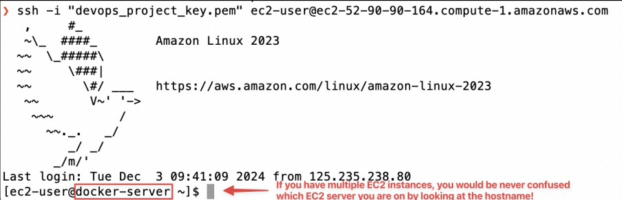 Screenshot illustrating hostname has changed like so: