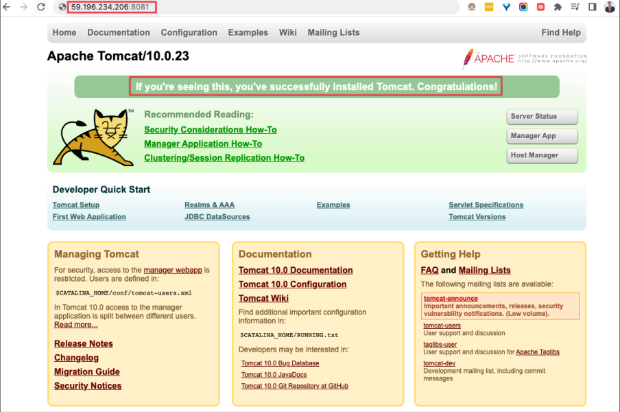Screenshot illustrating Now, please refresh the browser again to access to the tomcat manager application: