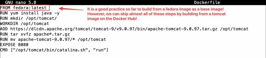 Screenshot illustrating setup steps we have done so far in the Dockerfile.