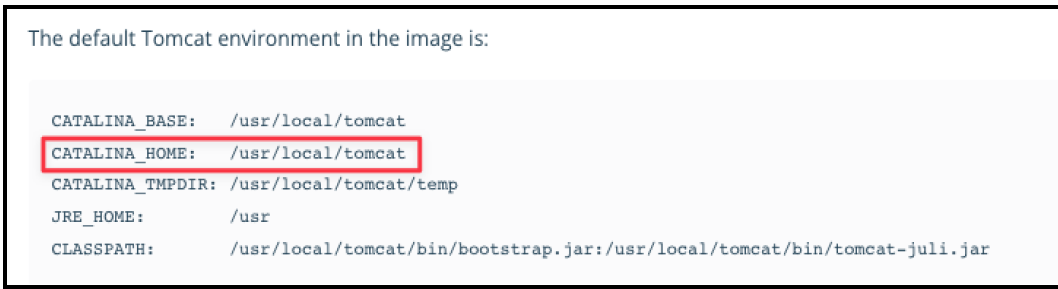 Screenshot illustrating FROM tomcat:latest RUN cp -R /usr/local/tomcat/webapps.dist/* /usr/local/tomcat/webapps (1 of 2)