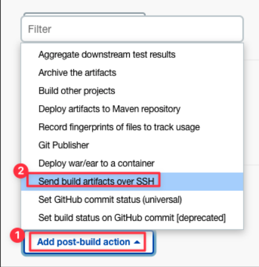 Screenshot illustrating We will add a new post-build action for our Docker server: