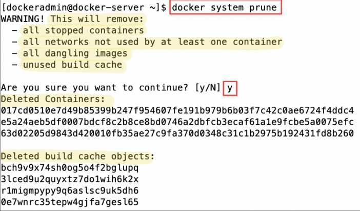 Screenshot illustrating docker kill $(docker ps -q) docker system prune