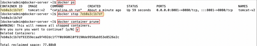 Screenshot illustrating docker stop <container_id> docker container prune