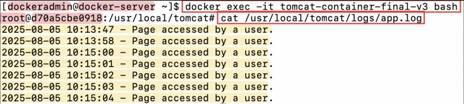 Screenshot illustrating Now, inside the container, view the log file. You should see your log entries!