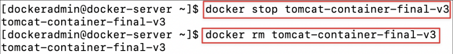 Screenshot illustrating docker stop tomcat-container-final-v3 docker rm tomcat-container-final-v3