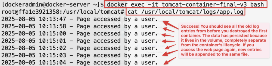 Screenshot illustrating cat /usr/local/tomcat/logs/app.log