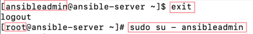 Screenshot illustrating exit sudo su - ansibleadmin