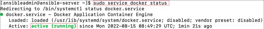 Screenshot illustrating sudo service docker status