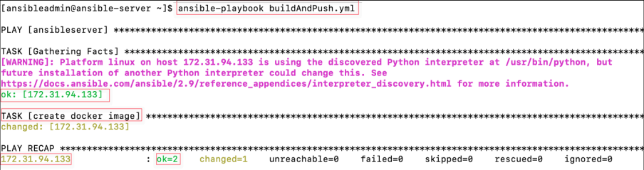 Screenshot illustrating ansible-playbook buildAndPush.yml