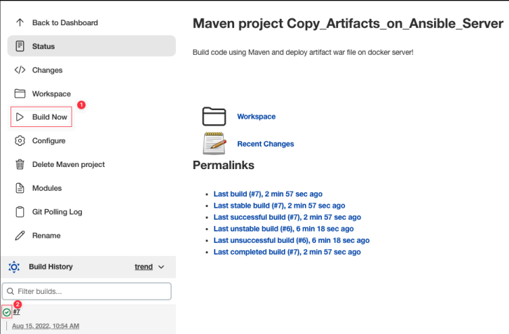 Screenshot illustrating Try to run the Jenkins job to test if our configuration is all good!