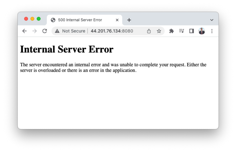 Screenshot illustrating an internal server error: