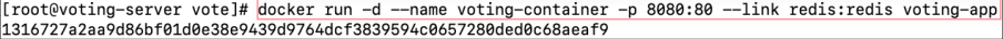 Screenshot illustrating docker run -d --name voting-container -p 8080:80 --link redis:redis voting-app