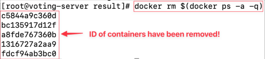 Screenshot illustrating docker kill $(docker ps -q) docker rm $(docker ps -a -q)