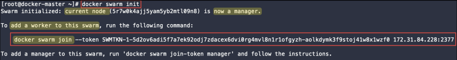Screenshot illustrating docker swarm init