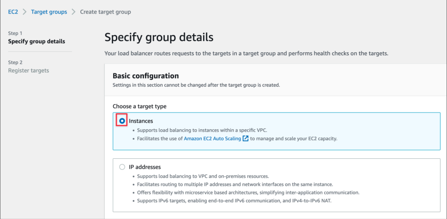 Screenshot illustrating Create a target group of EC2 instances:
