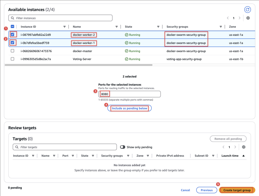Screenshot illustrating Add all the docker-worker instances (docker-worker-1 and docker-worker-2) to this group: