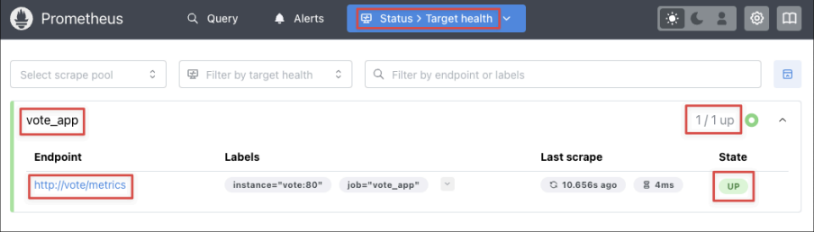 Screenshot illustrating and you’ll be able to see them in Prometheus under the “Status -> Targets” pages.