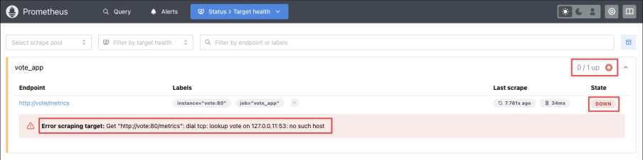Screenshot illustrating vote_app job listed as “down”.